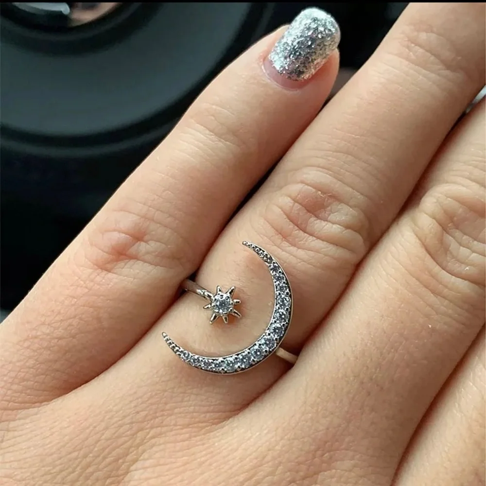 Stylish Moon and Star Adjustable stamp .925 Ladies Decor Cuff Ring